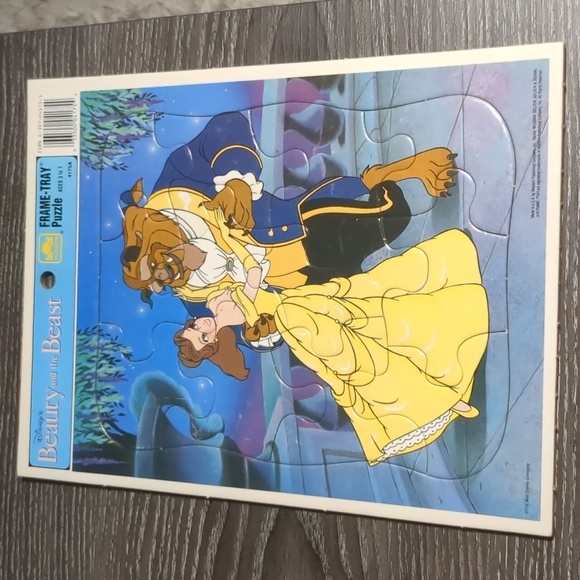 Vintage 90's Disney Beauty and the Beast Puzzle, Golden Frame Tray Puzzle